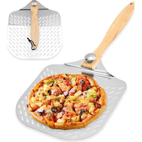 Pala para pizza, pala para pizza de aluminio perforado, pala para pizza de acero inoxidable con mango extraíble, pala para pizza de madera plegable para hornear pizzas y pan.