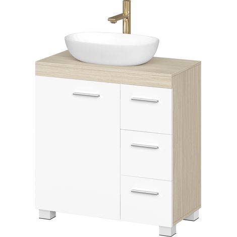 Armoire de Salle de Bain, Meuble Sous Lavabo avec Pieds, 2 Compartiments et 3 Tiroirs, Blanc et Beige