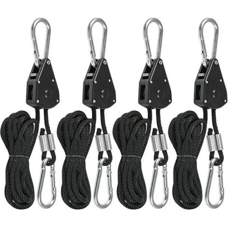 Cliquet à corde - 4 pièces - 2,4 m - Cliquet - Roue métallique intégrée - Crochet de remorquage avec mousqueton - Réglable -