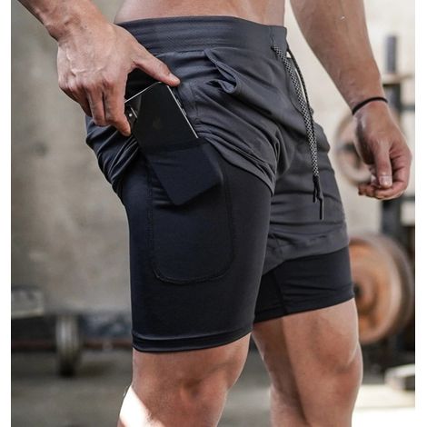 1 Short homme 2 en 1, tissu respirant, séchage rapide, pour running, fitness (1/5)