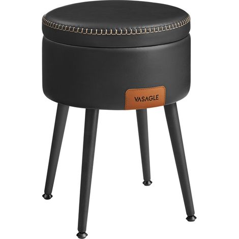 EKHO Collection - Pouf de Rangement, Tabouret de Coiffeuse, PU avec Coutures, Moderne Mi-siècle, Tabouret de Rangement Rond avec Pieds en Acier, Capacité 150 kg, Noir d'Encre (1/5)