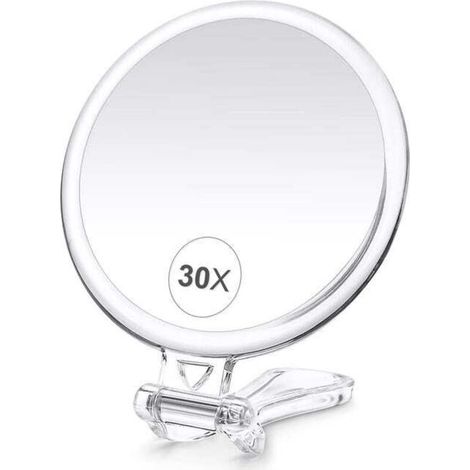 Miroir de maquillage, grossissement x30, transparent double face (x1/x30), miroir de poche avec poignée - Sécurité voyage