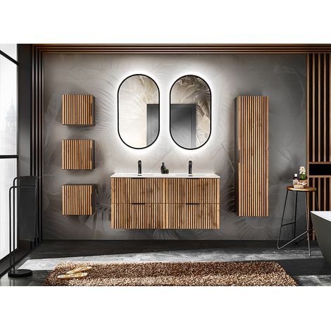Badezimmermöbel Set mit Doppelwaschtisch 120 cm, LED Spiegel XANTEN-56 in anthrazit mit Eiche Nb. schwarz gerillt, B/H/T: ca. 230/200/46 cm (1/5)