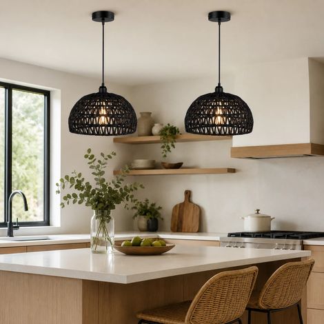 JOYINLED Suspension dôme noire en corde de papier tressée à la main, lampe suspendue bohème de 30 cm, luminaire de plafond style ferme avec câble réglable, lustre vintage façon rotin pour îlot de cuis (1/5)