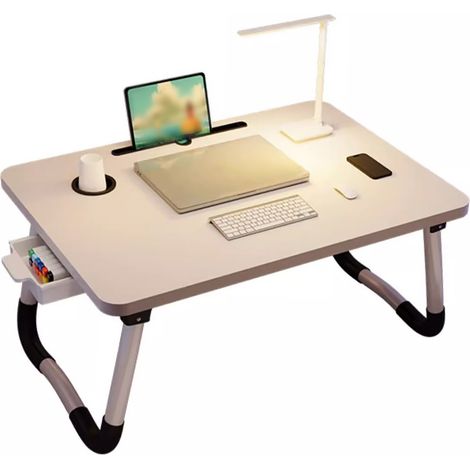 Table plateau pliant portable pour lit canapé sol lecture écriture repas avec porte-gobelet tiroir blanc MDF fer 70x40x28cm 1pc (1/4)