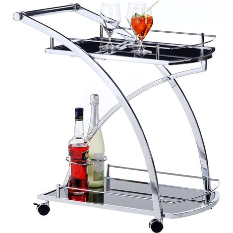 Chariot de service EVO, en métal chromé et plateaux en verre trempé noir