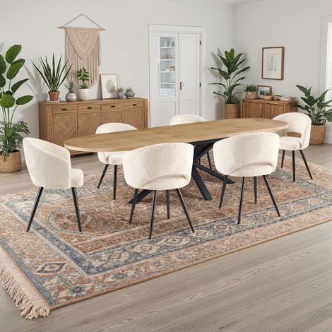 M&S – Ensemble table extensible 180-300 cm avec 6 chaises tissu bouclette écru – Plateau bois naturel anti-rayures – Pieds métal noir