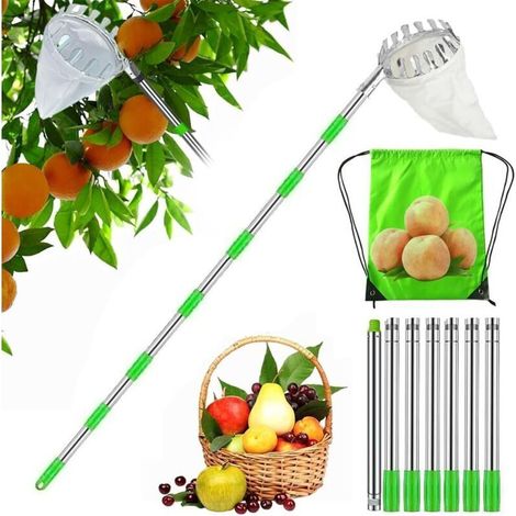 Cueilleur de fruits télescopique 300 cm – Panier Ø 140 mm pour cerises, pommes, poires et pêches – Acier inoxydable léger – Sac de rangement inclus (1/5)