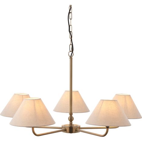 Endon Lille Plafonnier suspendu multi-bras, plaque en laiton antique et imitation lin naturel, 5 x B22 (1/5)