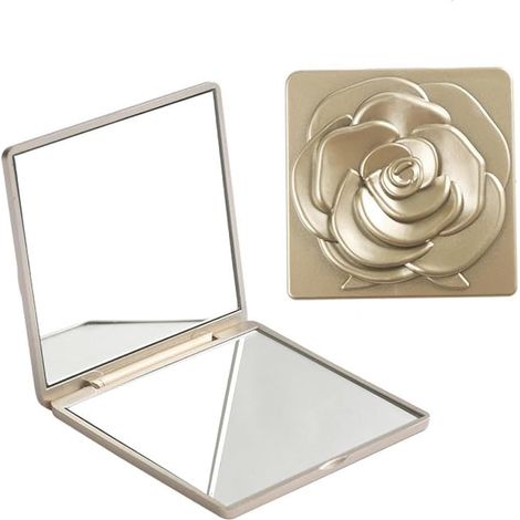 Petit Miroir de Poche Carré Magnifique - Double Face, Portable, Pliable pour Voyage et Maquillage - Grossissant, pour Sac à Main (Or) (1/5)