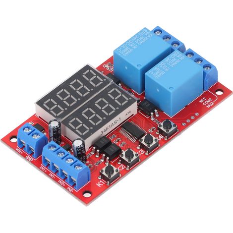 Module Relais 2 Canaux 24V, Minuterie Multifonction avec Affichage LED, Retard, Verrouillage, Cycle, pour Domotique et Contrôle Automatique (1/5)
