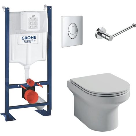 Pack inodoro suspendido Jacob Delafon sin brida Elite + estructura soporte inodoro Grohe + mando cromado (1/4)