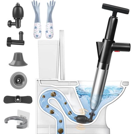 Deboucheur WC 5-en-1 à Haute Pression avec Baromètre – Déboucheur Canalisation avec 4 Ventouses, Gants et Crochet, pour Toilette, Lavabo, Baignoire, Sol – Noir (1/5)