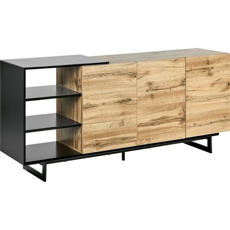 Aparador madera clara negro 160 x 40 cm MDF cajonera almacenaje sala de estar Fiora