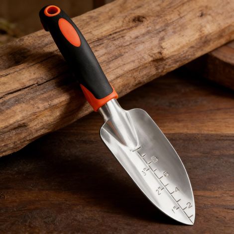 Pelle de jardin avec poignée ergonomique, outil à main de jardinage robuste avec marque de mesure, bêche pour plantation, transplantation, désherbage, orange (1/2)