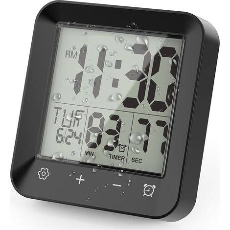 Horloge de douche numérique, étanche, avec compte à rebours et affichage de la température, horloge de salle de bain tactile, avec ventouse et anneau de suspension pour enfants et adultes, noir (1/5)