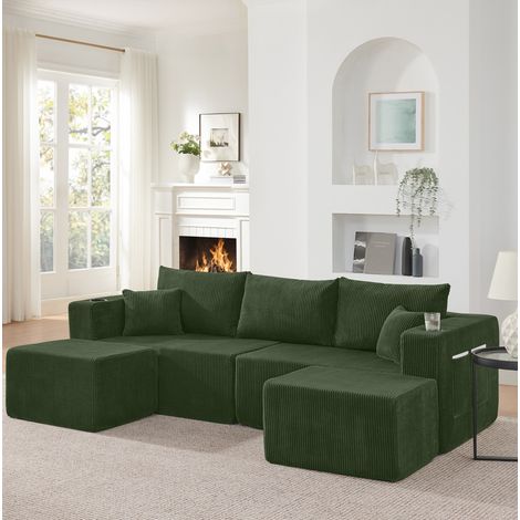 Sofá rinconero modular de 3 plazas en L de pana verde OKWISH (1/5)