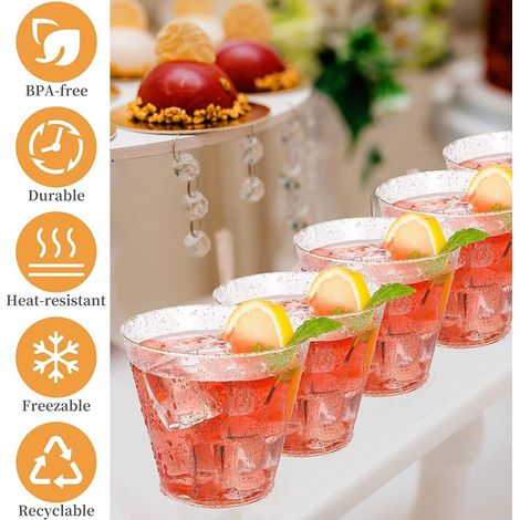 Lot de 60 gobelets à dessert en plastique avec paillettes dorées, 270 ml, bols à dessert, ronds, transparents, réutilisables, pour whisky, pudding, mousse Party (7 x 8,5 cm) (1/4)