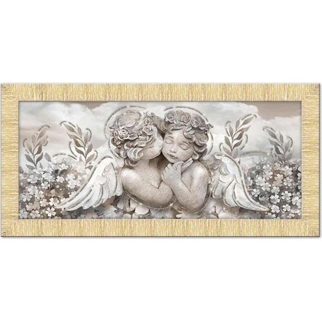 Lupia - Quadro Moderno su tela con Cornice PRINCE Multicolor ANGELS IN FLOWERS MIX GOLD, con Glitter brillantini, 63x133 cm, per Soggiorno, Camera da Letto Testata, Capezzale, Design Elegante (1/4)