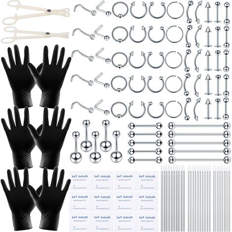 Kit de piercing corporel de 120 pièces avec calibres variés (14G, 16G, 20G) comprenant des anneaux BCR, CBR, labret, daith, septum, nombril, aiguilles, gants et pinces. Convient pour le piercing corpo (1/5)