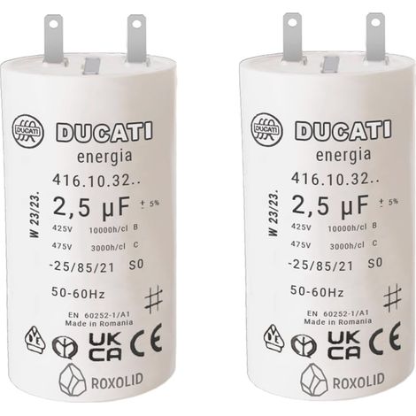 Lot de 2 Condensateurs 2,5 uF pour réparation de volet roulant SOMFY, SIMU. Condensateur cylindriques à 2 cosses Faston 2,8 spécial remplacement pour moteur 6nm de volet. (1/5)