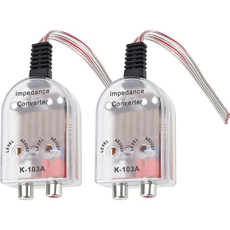 Convertidor de audio de 2 piezas, adaptador de señal de audio, convertidor de impedancia de altavoz de alta a baja para salida de altavoz a línea RCA, cableado de amplificador de coche. (1/5)