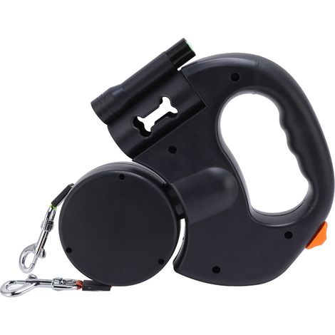 Laisse automatique double rétractable pour chien, avec lumière LED intégrée et poignée confortable, idéale pour les chiens de petite et moyenne taille (noire). (1/5)