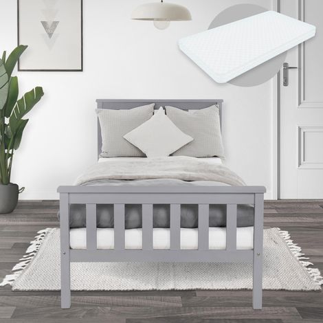 ML-Design Estructura De Cama De Madera Maciza De Pino Gris Claro 90 x 200 cm Con Colchón De Espuma Fría Oeko-Tex 100 Somier Armazón De Listones Cabecero Y Piecero Cama Para Niños Adolescentes Adultos (1/5)