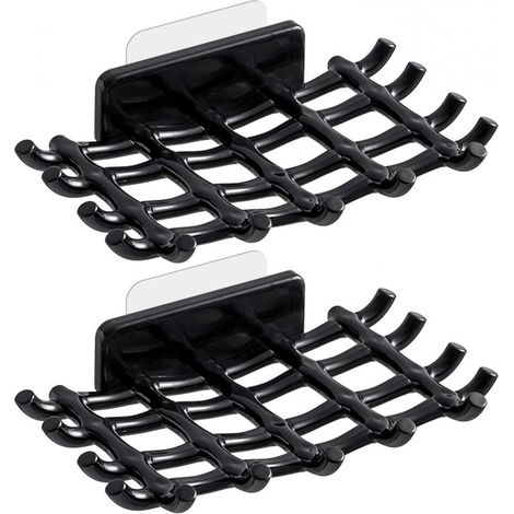 Porte-savon mural pour douche, auto-drainant avec crochet, sans perçage, convient pour baignoire et évier de cuisine (lot de 2, noir) (1/5)