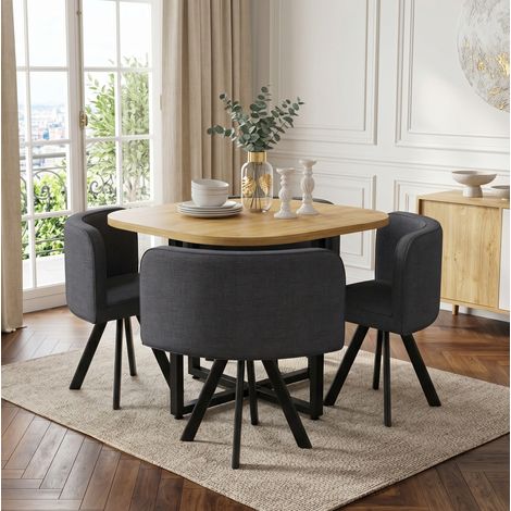 Essgruppe aus MDF und Leinen grau, 4-Sitzer, platzsparend mit unter dem Tisch verstaubaren Stuehlen (1/5)