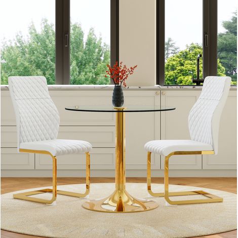 Ensemble table chaises ronde en verre trempé 85 cm, 2 places, blanc et or HAVRYA (1/5)