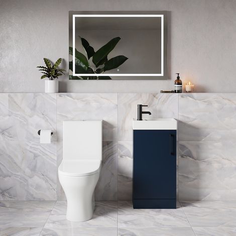Napoli Cube Deep Blue 400mm Single Door Vanity Unit and Jubilee Toilet Suite with Align Basin - 400mm - Matt Black 160mm Handle