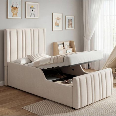 Bett 90x200 cm modern gepolstert in Beige mit Kopfteil, Lattenrost und hydraulischem Stauraum