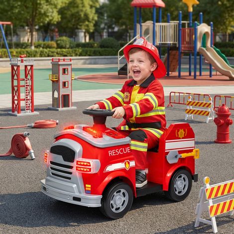 Camion de pompiers, voiture électrique pour enfants, vitesse maximale de 3 km/h, sirène, gyrophare bleu, outils, pour les enfants de 3 à 5 ans