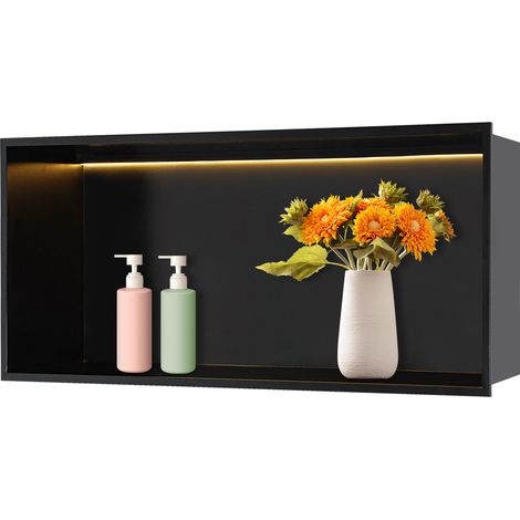 Niche de douche en acier inoxydable 27 pouces × 11 pouces, noire, support de douche encastrable avec éclairage LED, douche en niche, niche horizontale, rangement de salle de bain, montage en saillie (1/5)