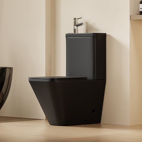 DILECI - WC à poser avec lave-mains intégré 2-en-1 sans bride sortie horizontale - Design carré noir - ANTHONY (1/5)