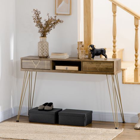 Consolle HOMCOM per ingresso/corridoio con 2 cassetti, ripiano a giorno e gambe in acciaio, 120x29x79 cm, legno e bronzo