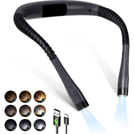 Lampe de lecture rechargeable à porter autour du cou, 3 couleurs, luminosité réglable, lampe de lecture confortable et flexible pour lire, tricoter, réparer (1/5)