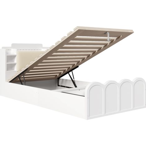 Lit coffre 90x200 blanc, cadre de lit 90x200 sans matelas avec sommier relevable, lit simple avec led et usb, tête de lit rangement (1/5)