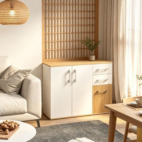 Buffet de rangement 90 x 30 x 75,5 cm en panneau de particules blanc et naturel OKMYHOME (1/5)