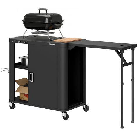 Desserte jardin chariot de barbecue sur roulettes avec table latérale pliable placard étagères 166 x 54 x 88 cm noir (1/5)