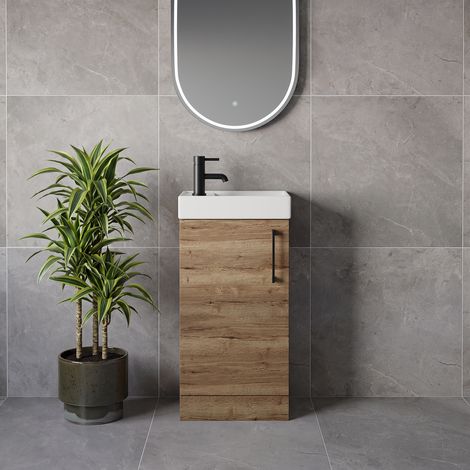 Napoli Cube Tobacco Oak 400mm Single Door Vanity Unit with Align Basin - 400mm - Matt Black 160mm Handle