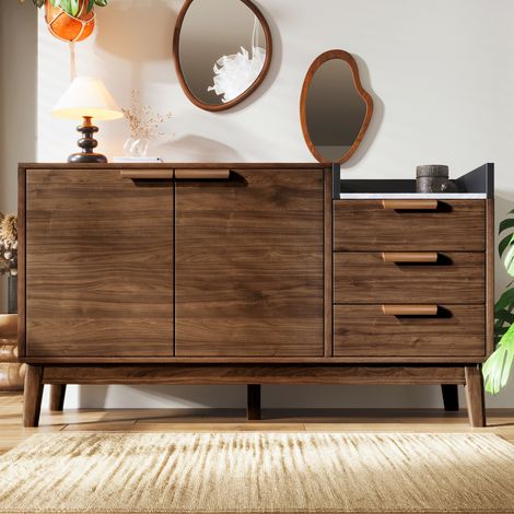 Commode salon décor chêne plateau imitation marbre 120x40x77 cm, niche ouverte, 3 tiroirs et placard 2 portes avec étagère modulable, pieds bois massif compatible robot aspirateur, fixation anti-bascu (1/5)