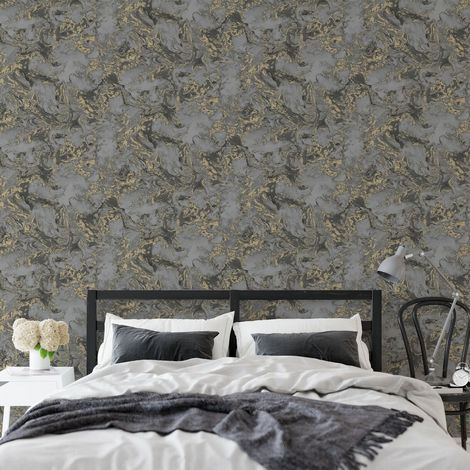 Metallic Grey Gold Shimmer Ripple Liquid Marble Swirl Charcoal Wallpaper WD0043[FULL ROLL - Grey Gold Marble WD0043] (1/4)