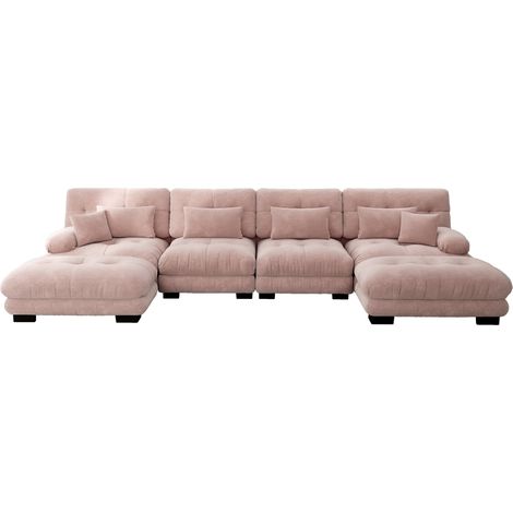 Canapé modulaire d’angle en chenille vintage rose avec ottoman mobile, 4 places, design en U (1/5)