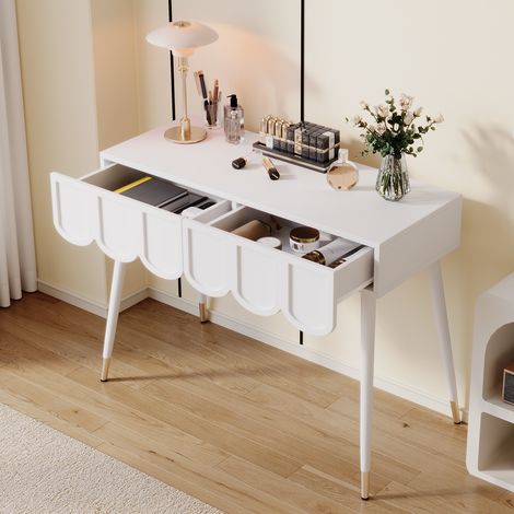 Coiffeuse Blanche Moderne avec 2 Tiroirs en Forme de Nuage - Table de Maquillage Chic et Bureau Console pour Chambre avec Pieds Coniques en Metal Blanc et Dore (L100 x H76 x P40 cm) (1/5)