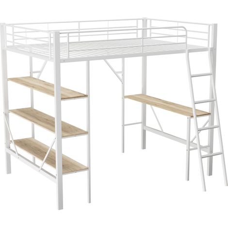CAIziCadre de lit 90x200 cm en métal, lit en fer, lit mezzanine avec bureau et trois grandes étagères pour enfants, adolescents et adultes, 90x200 cm, blanc (1/5)