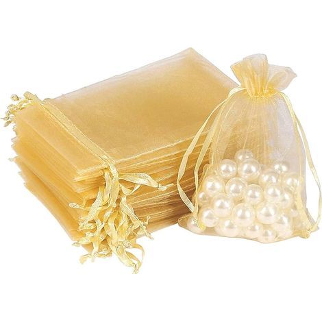 Lot de 100 sachets en organza, pour emballage de bonbons, cadeaux de mariage, fêtes, dorés, (grands et petits) (1/5)