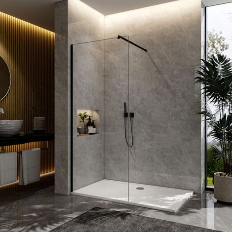 Stech Homes 700x1900mm Black Walk In Shower Enclosure Screen Wet Room 8mm NANO Glass Panel Cubicle (1/5)