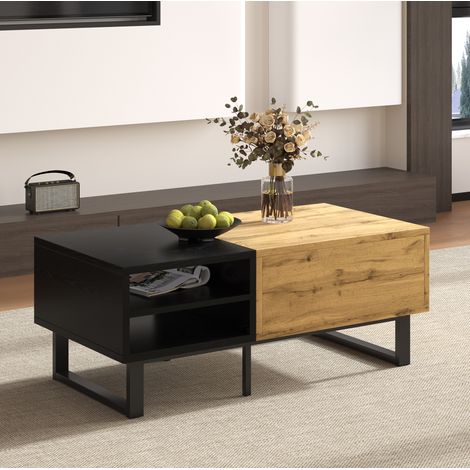 Mesa de centro 100x50x40 cm natural y negro en tablero de partículas con 3 compartimentos y 1 cajón (1/5)